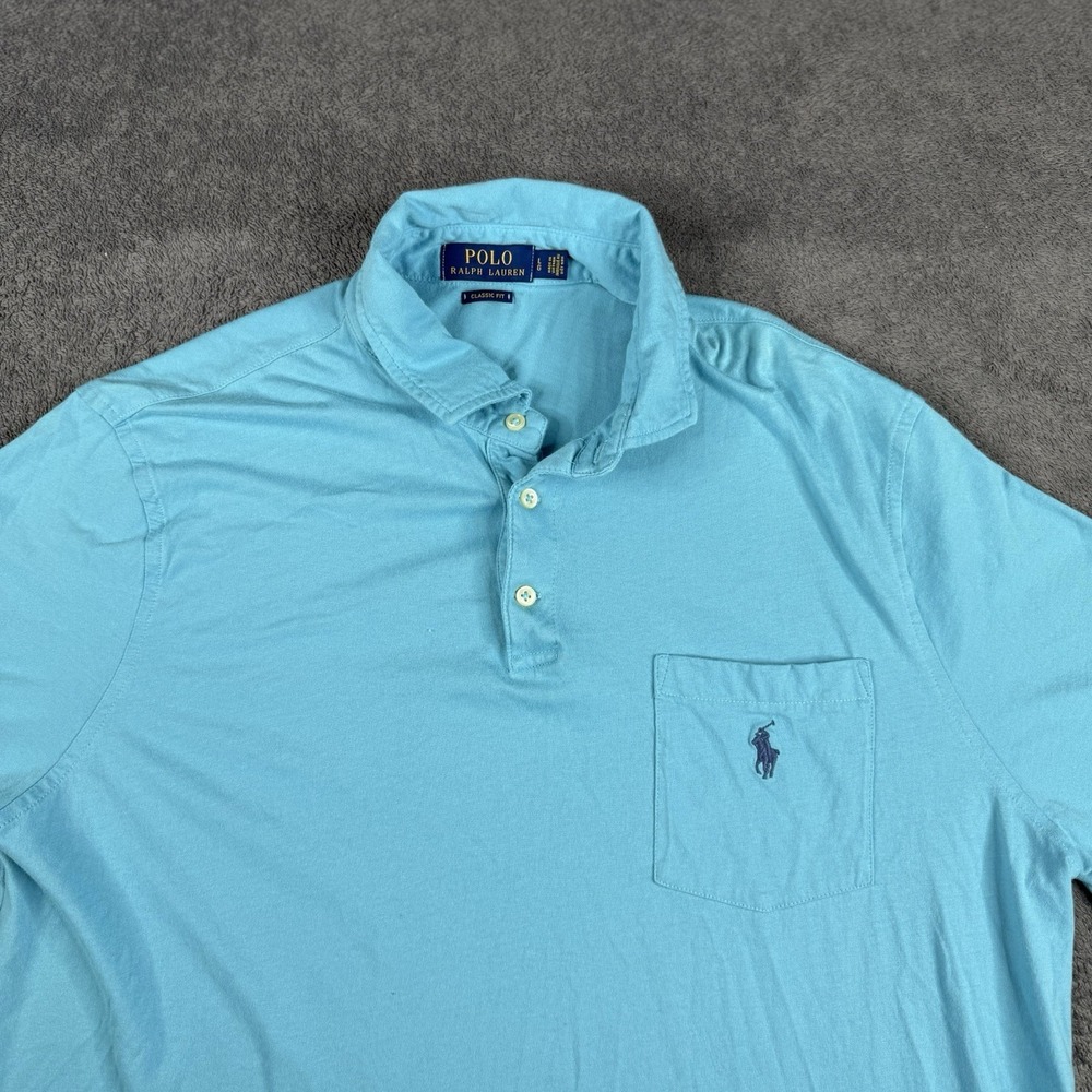 Ralph Lauren Polo Shirt Mens L Blue Lightweight Classic Fit Pocket Blue Pony